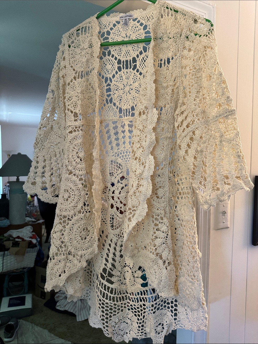Nina Leonard Ivory Crochet Lace Open Cardigan
